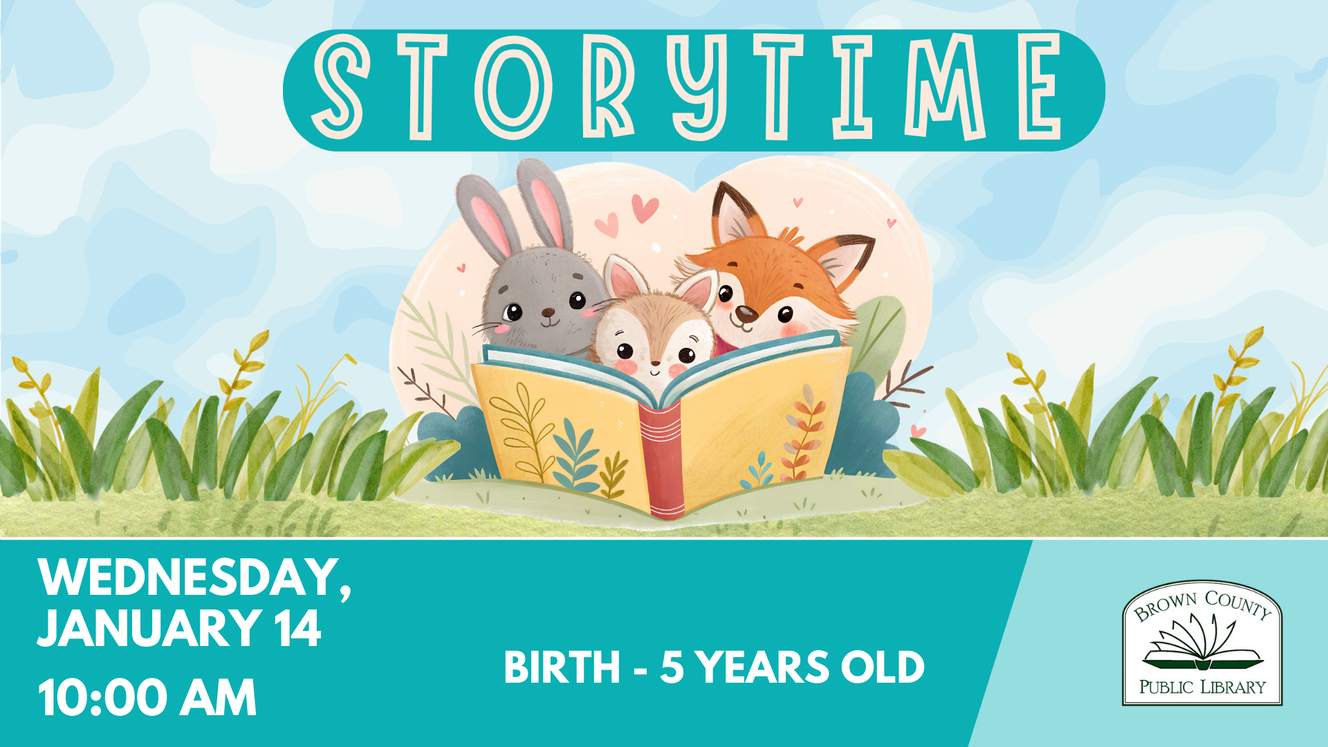 A children's storytime event at Brown County Public Library on January 14 at 10:00 AM for ages birth to 5 years.