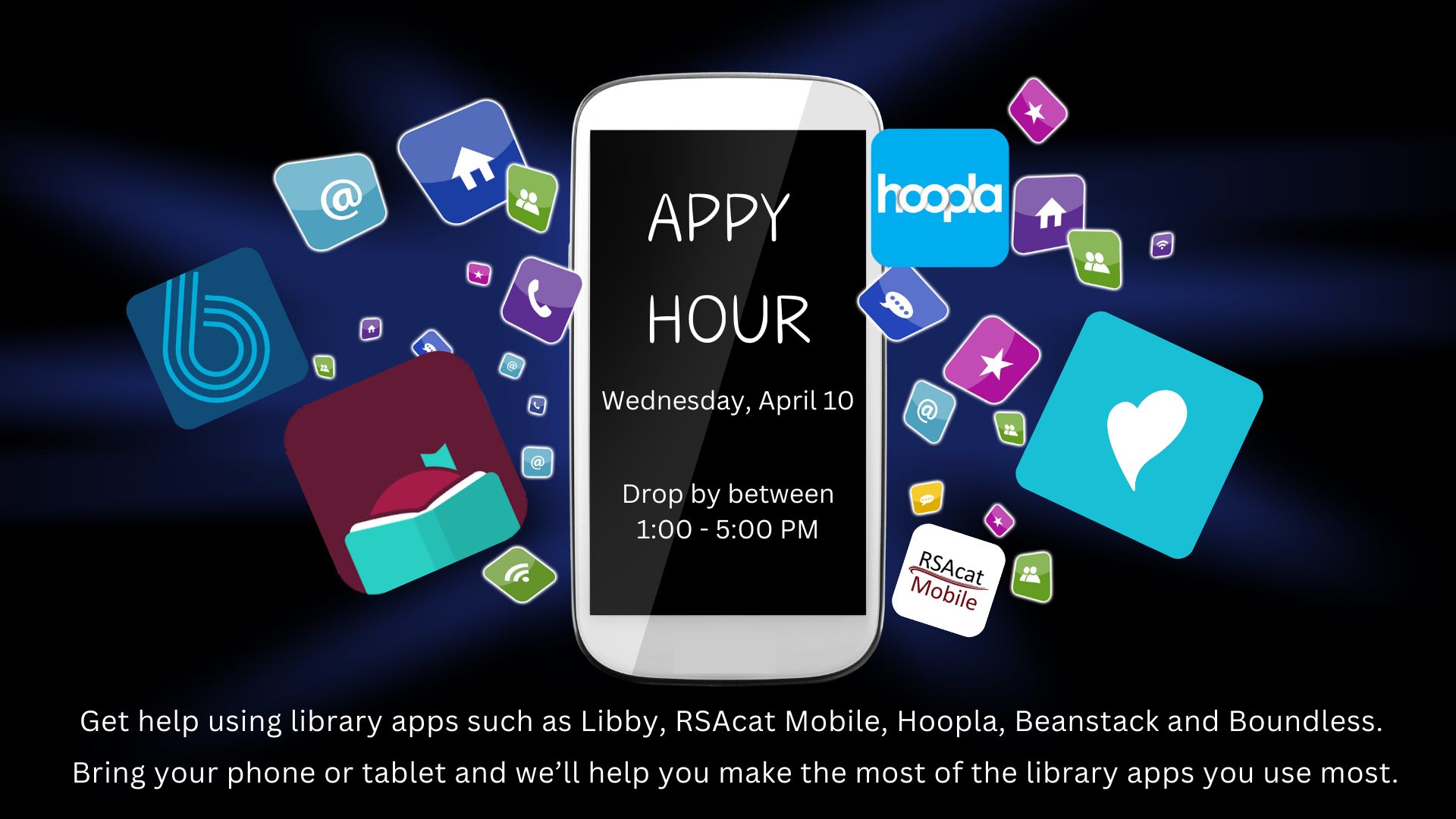 A poster for an "Appy Hour" event, showcasing a smartphone with app icons, details included for help with library apps.