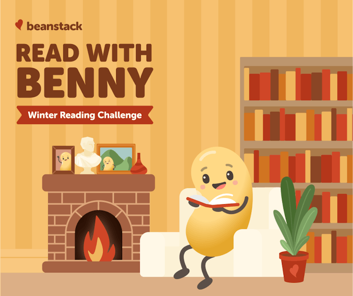 A cheerful character named Benny promotes a winter reading challenge, surrounded by books, a cozy fireplace, and decor.