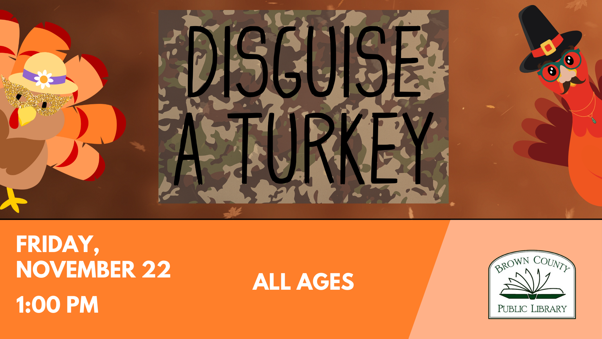Event flyer with disguised turkeys for a library event on November 22.