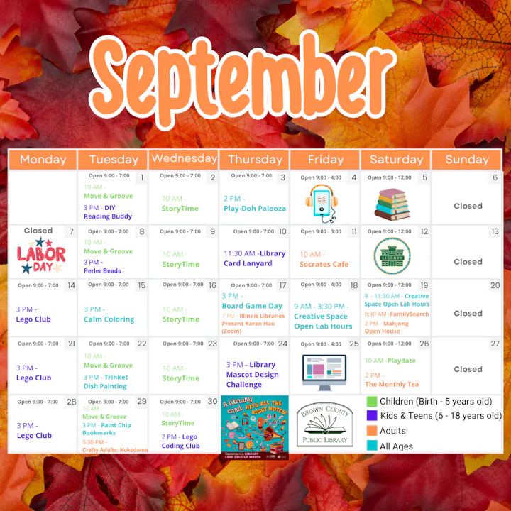 A September calendar of events at a library with activities for different age groups, including storytime, crafts, and game days.