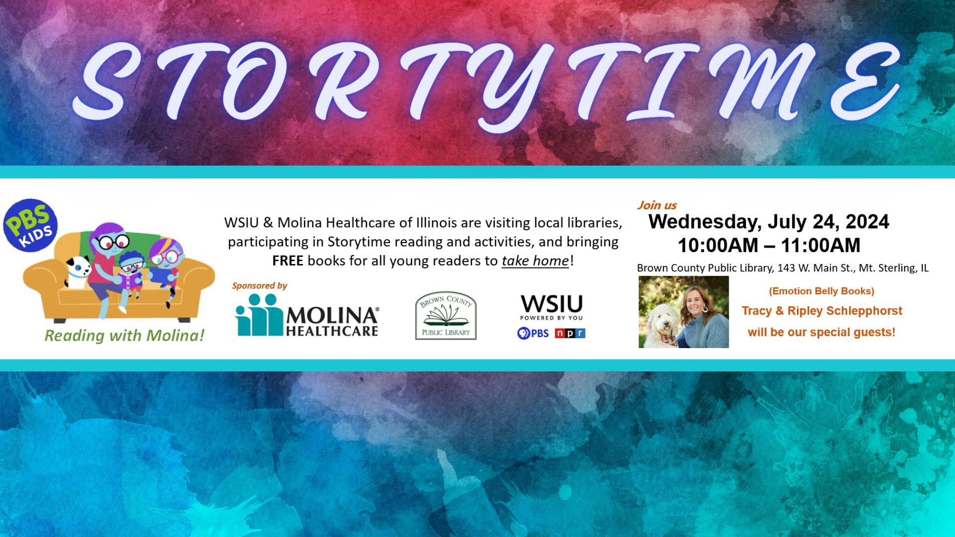 A colorful flyer for a PBS KIDS Storytime event with reading activities and special guests, scheduled for July 24, 2024.