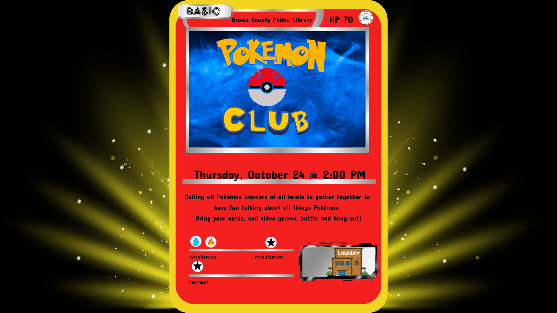 A Pokémon Club event poster from Brown County Public Library for October 24 at 2:00 PM.