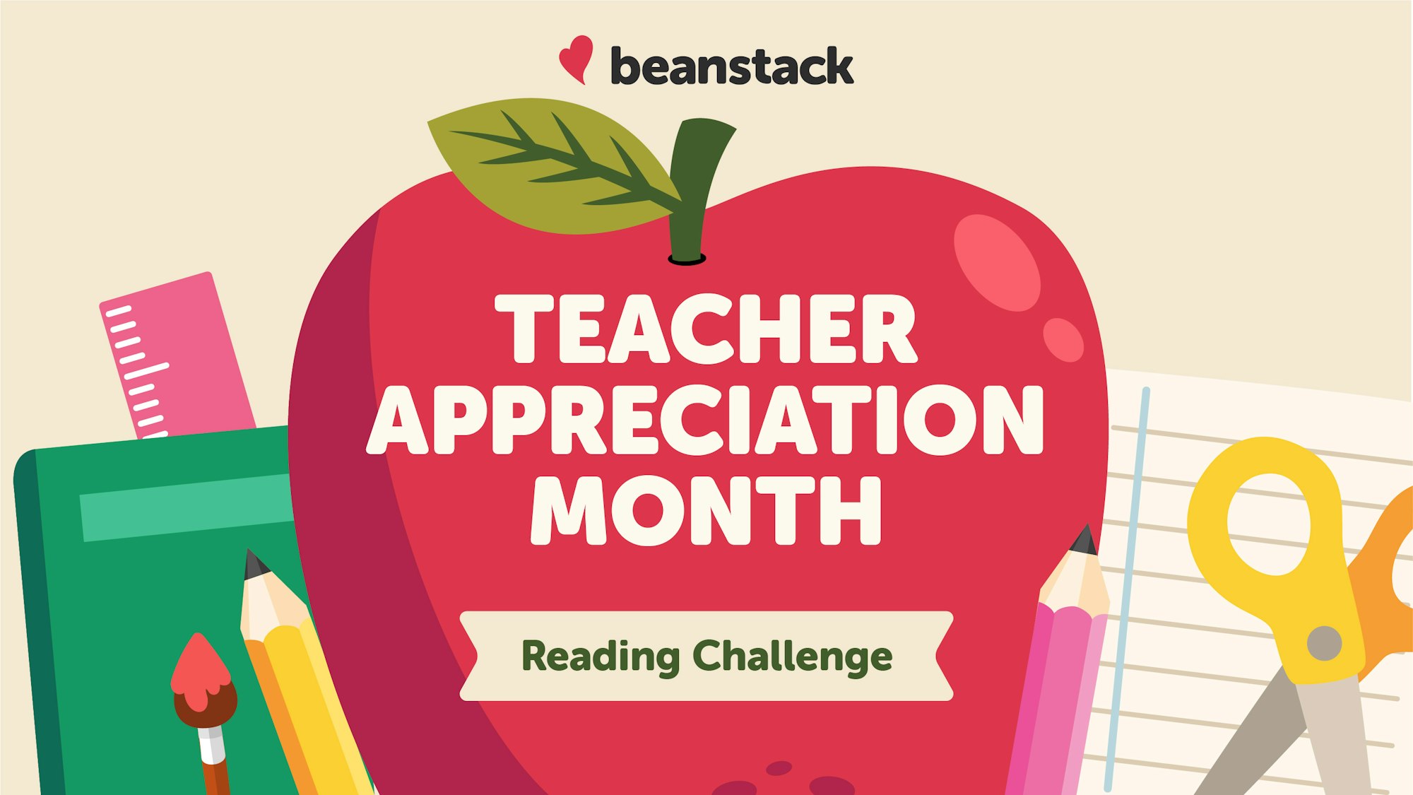 The image promotes "Teacher Appreciation Month" with a reading challenge and features a large apple surrounded by school supplies.