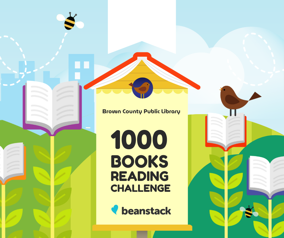 Brown County Public Library's "1000 Books Reading Challenge" poster featuring books and nature elements.