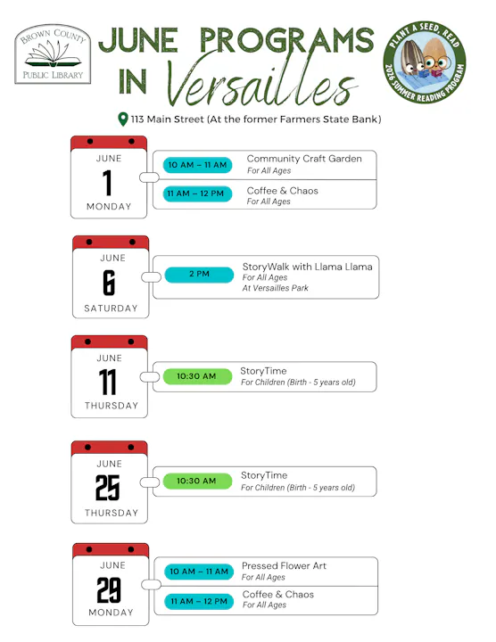 June programs at Brown County Public Library in Versailles include crafts, coffee meet-ups, and storytime sessions for all ages.