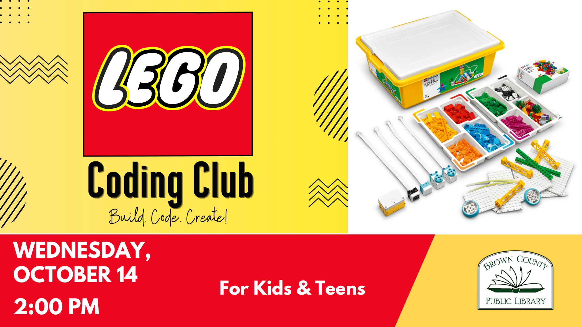 LEGO Coding Club for kids and teens on October 14 at 2 PM at Brown County Public Library. Build, code, create!