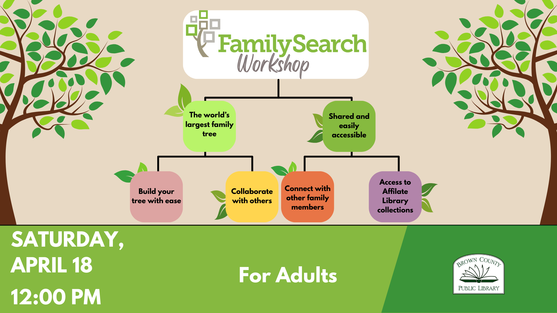 FamilySearch Workshop on April 18 at 12 PM. Learn to build family trees, collaborate, and access library collections. For adults.
