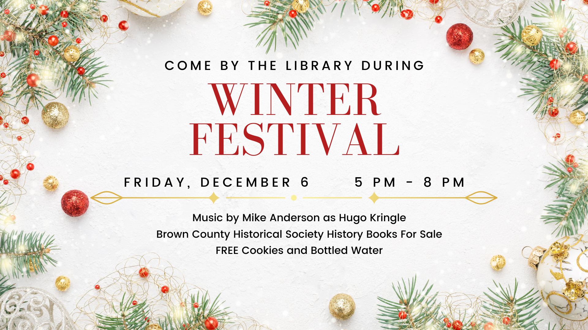 A festive flyer announcing a Winter Festival at a library with schedule, music performance, book sale, and free refreshments.