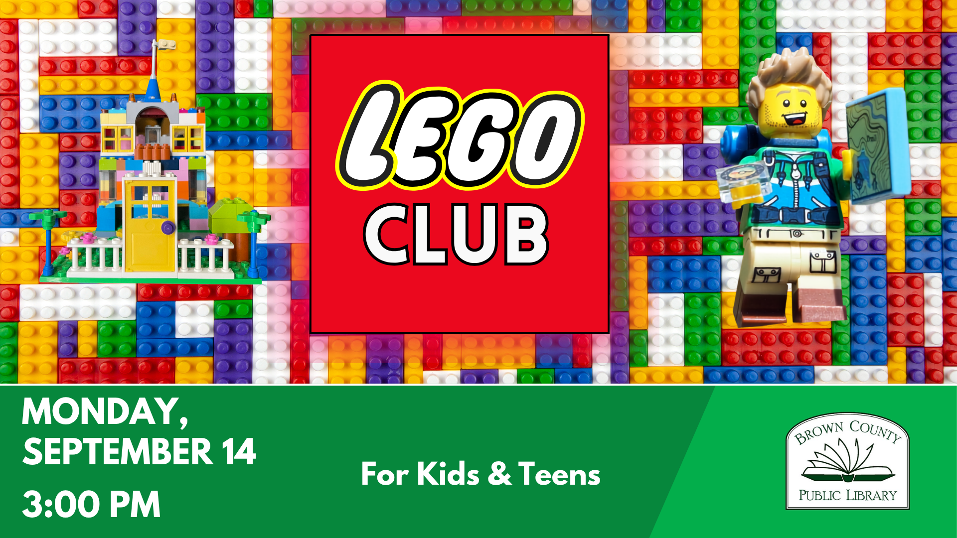 Promotional image for a Lego Club at Brown County Public Library on September 14 at 3:00 PM, for kids and teens.