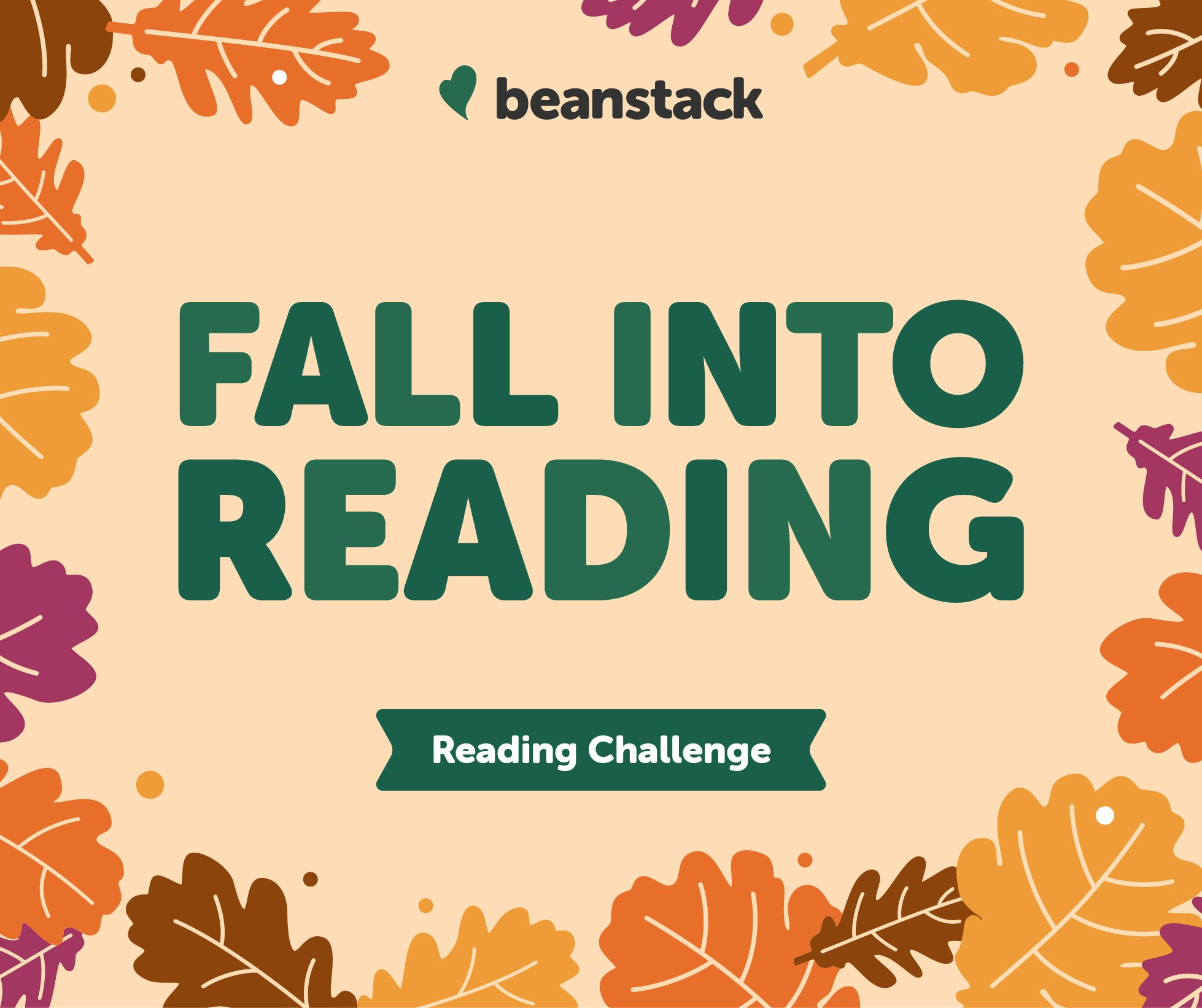 Text "Fall Into Reading" with autumn leaves border and "Reading Challenge" banner.