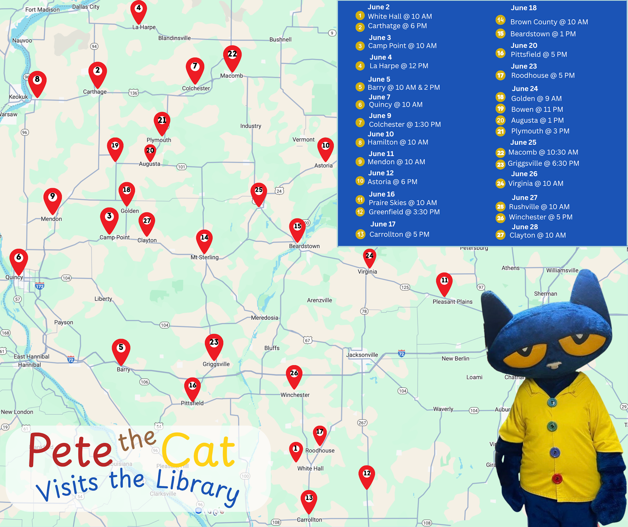 Map with Pete the Cat's library visit schedule across Illinois, showing locations with dates and times, and Pete in the corner.