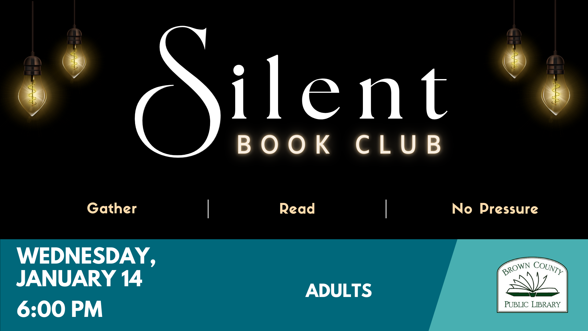 An event for the Silent Book Club at Brown County Public Library on January 14 at 6:00 PM for adults.