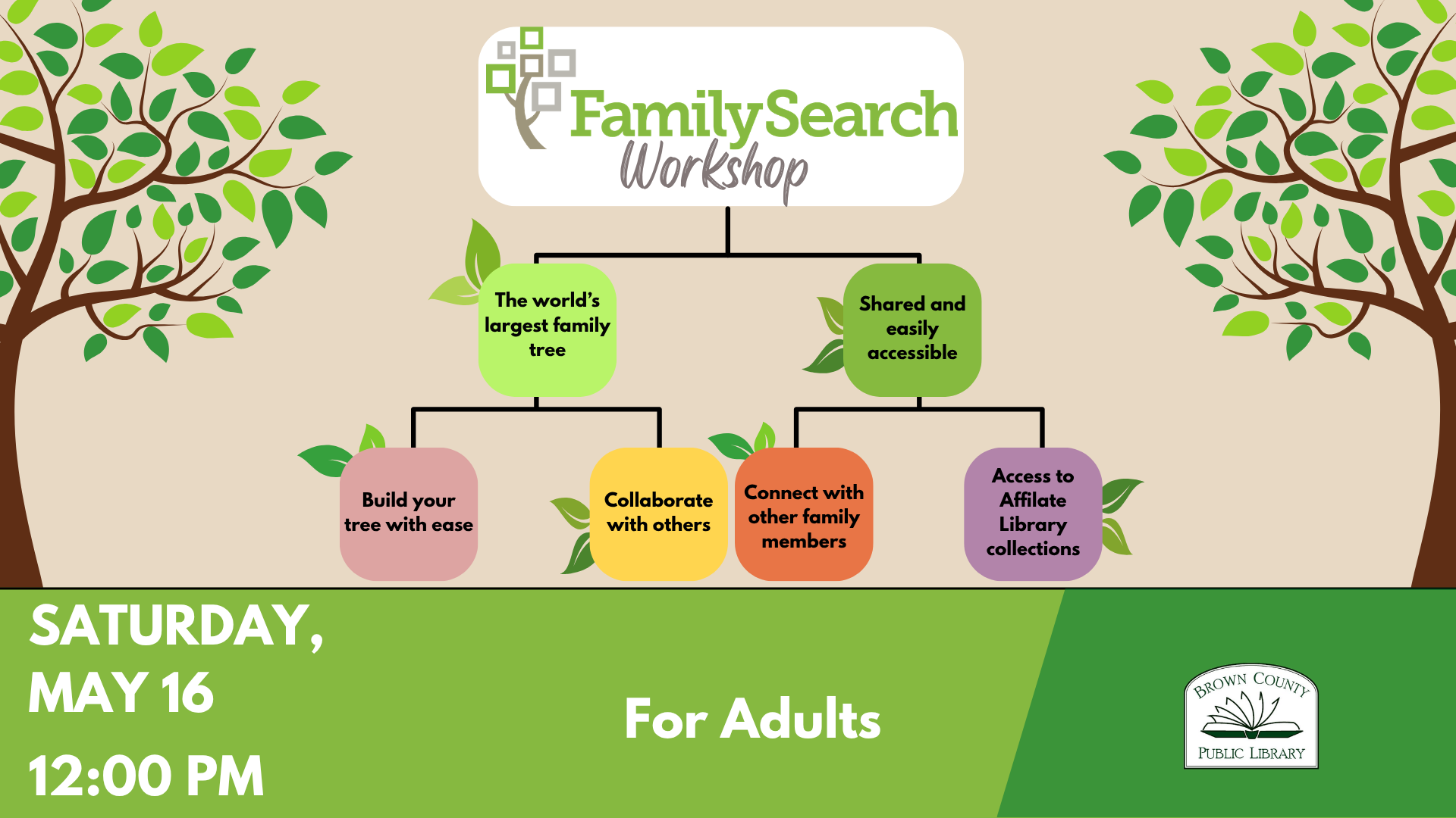 Advertisement for a FamilySearch workshop at Brown County Public Library on May 16 at 12:00 PM for adults.