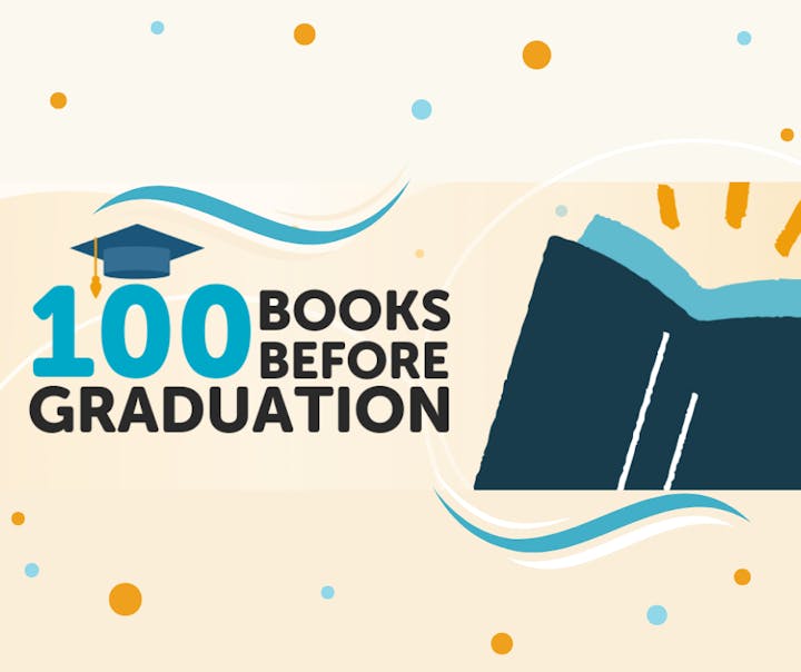 "100 Books Before Graduation" text with a graduation cap and an open book illustration.