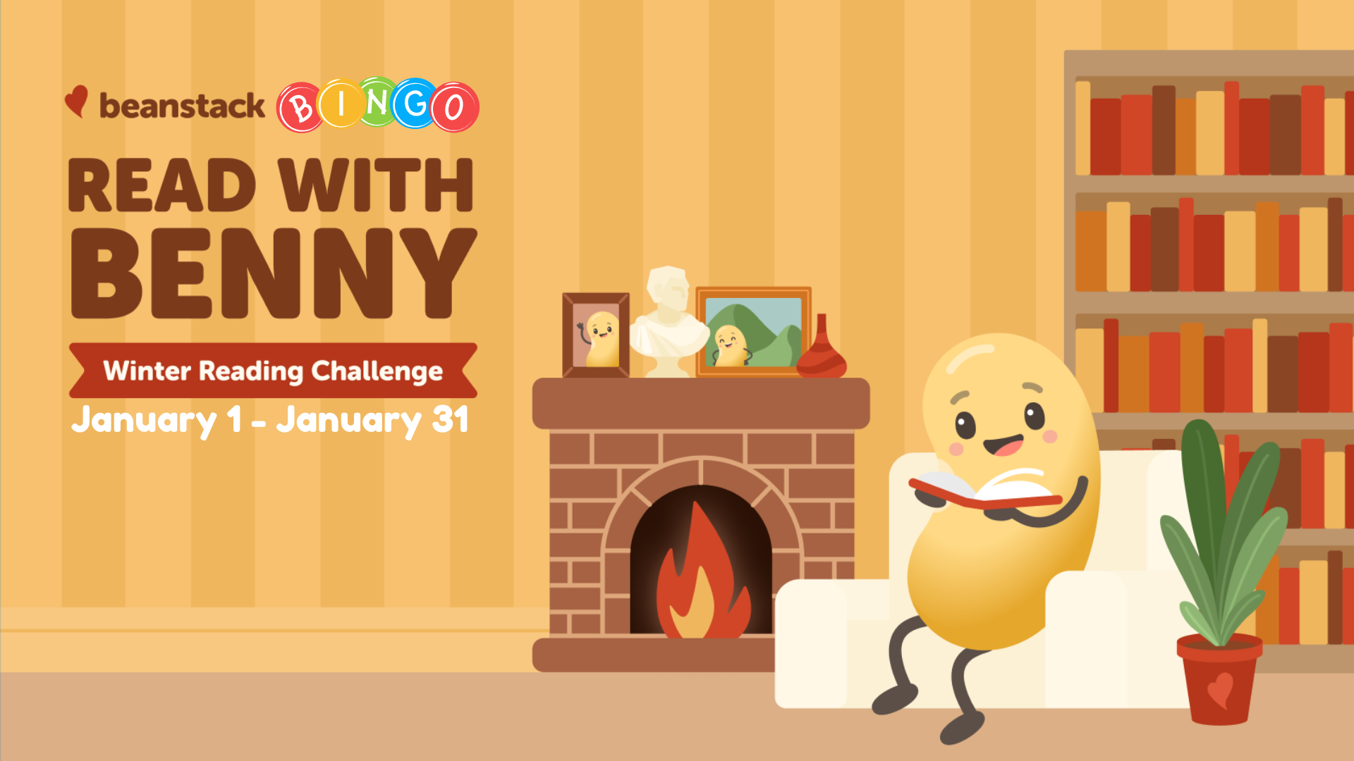 A cozy reading challenge called "Read with Benny" runs from January 1 to January 31, featuring a happy character and a warm setting.