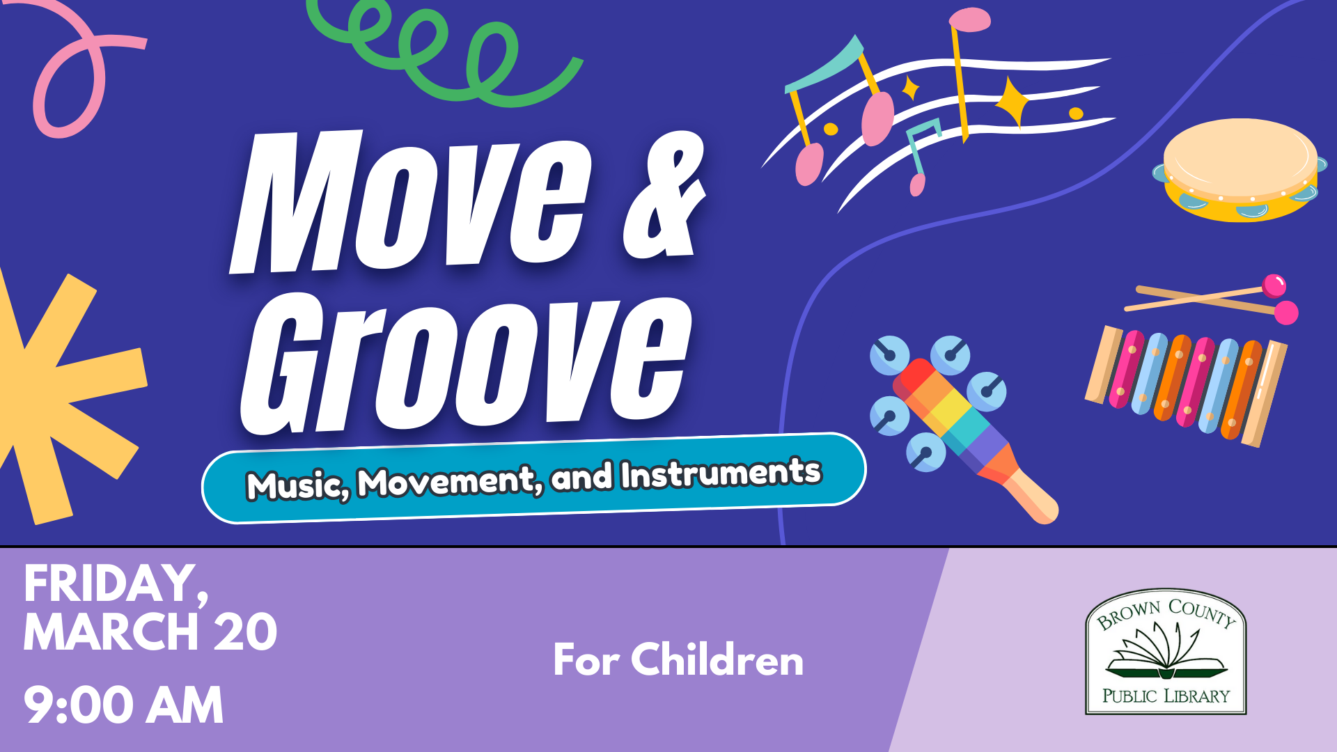 Event for children titled "Move & Groove," featuring music, movement, and instruments at Brown County Public Library on March 20 at 9 AM.