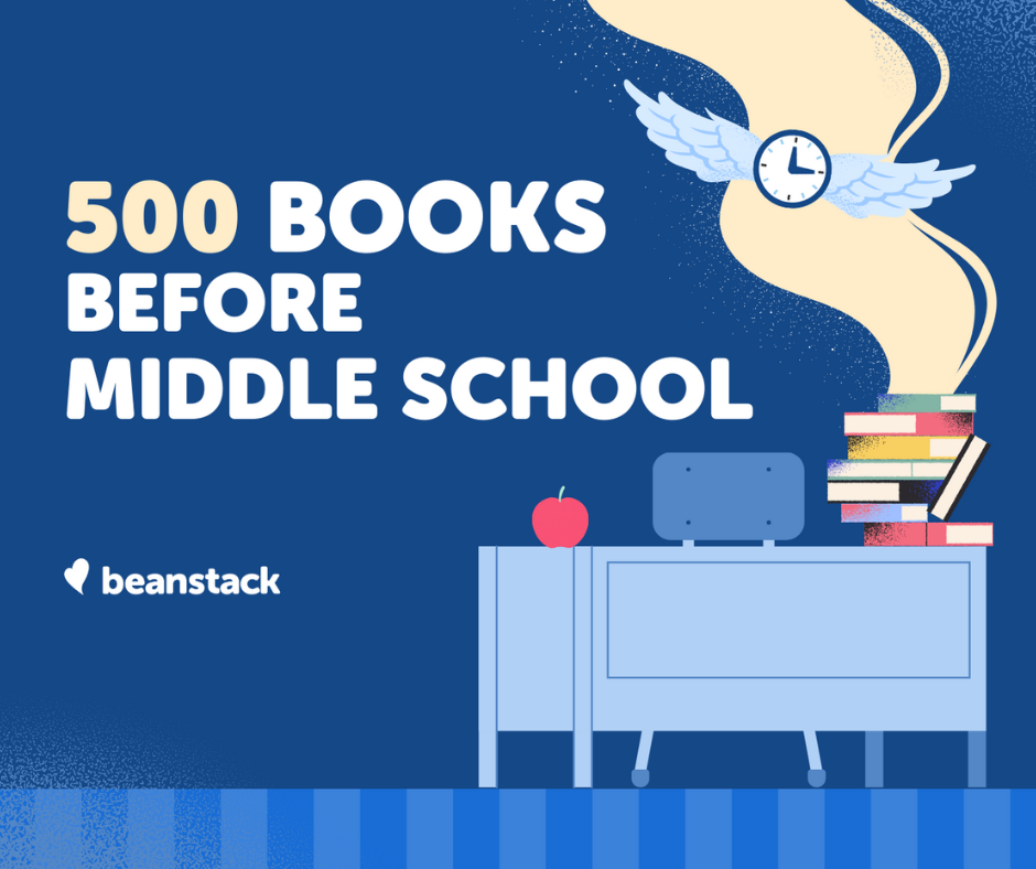 "500 Books Before Middle School" with a stack of books, an apple, and a winged clock on a blue background.