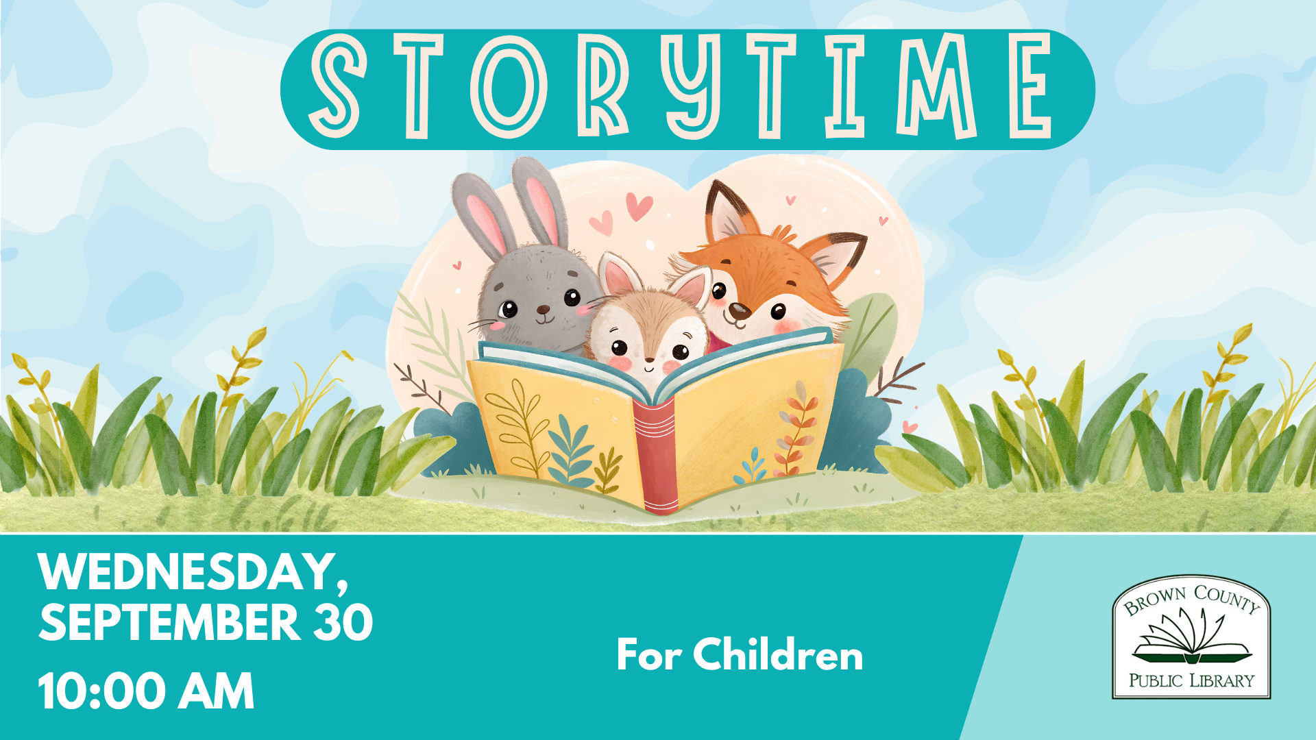 Announcement for a children's storytime at Brown County Public Library on September 30 at 10:00 AM.