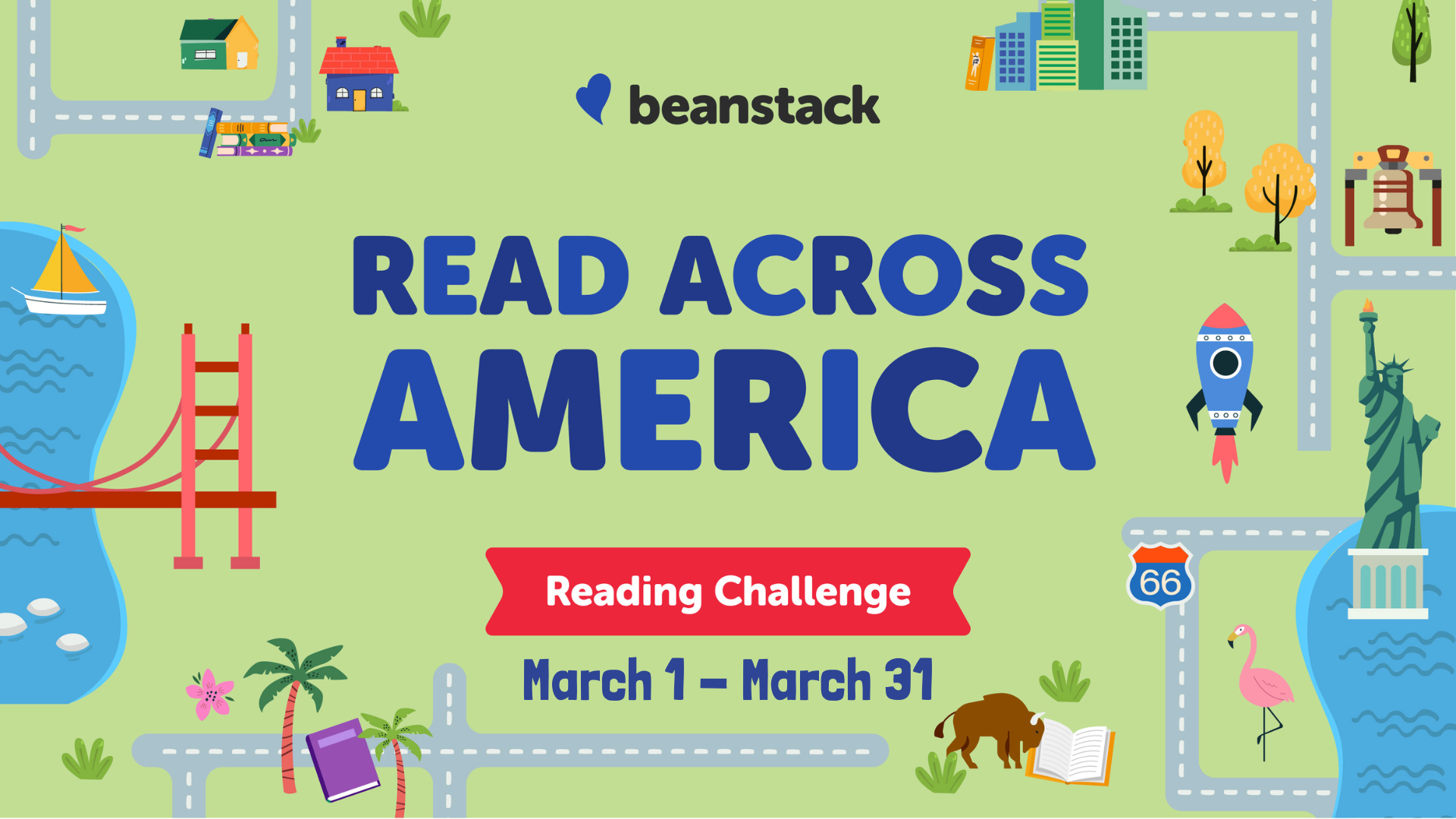 A colorful announcement for the "Read Across America" reading challenge, running from March 1 to March 31 by Beanstack.