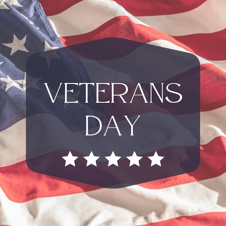 Flag background with "Veterans Day" text and five stars.