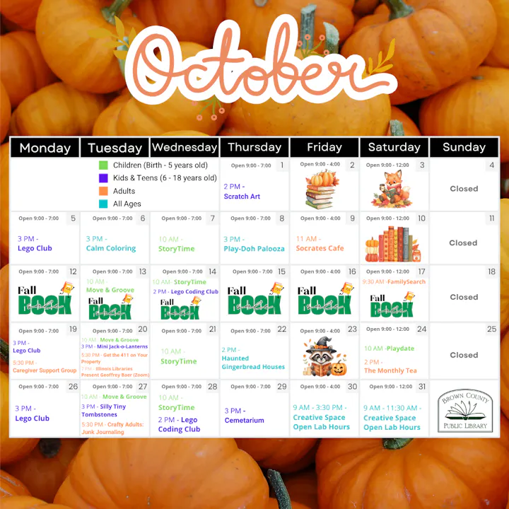 It's an October calendar of events at a library, featuring activities like Lego Club, StoryTime, and creative sessions.