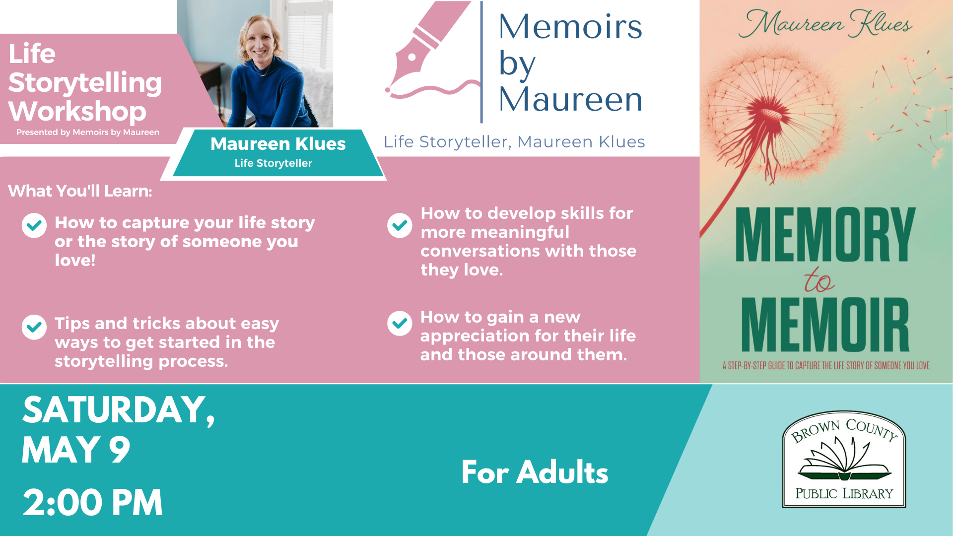 Workshop on storytelling by Maureen Klues, May 9 at 2 PM. Learn to capture life stories and enhance meaningful conversations.