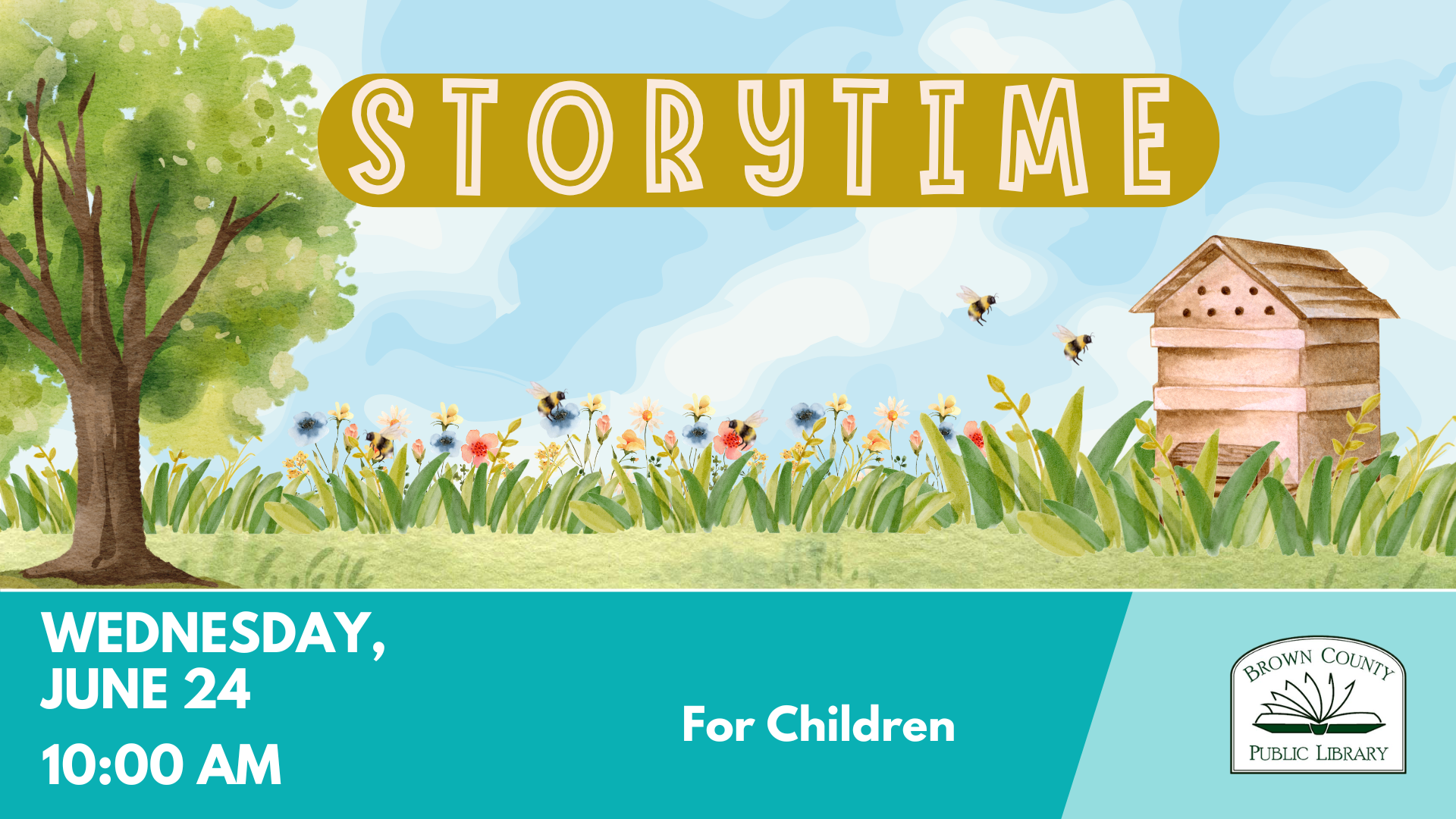 A children's storytime event at Brown County Public Library on June 24 at 10:00 AM with a nature theme.
