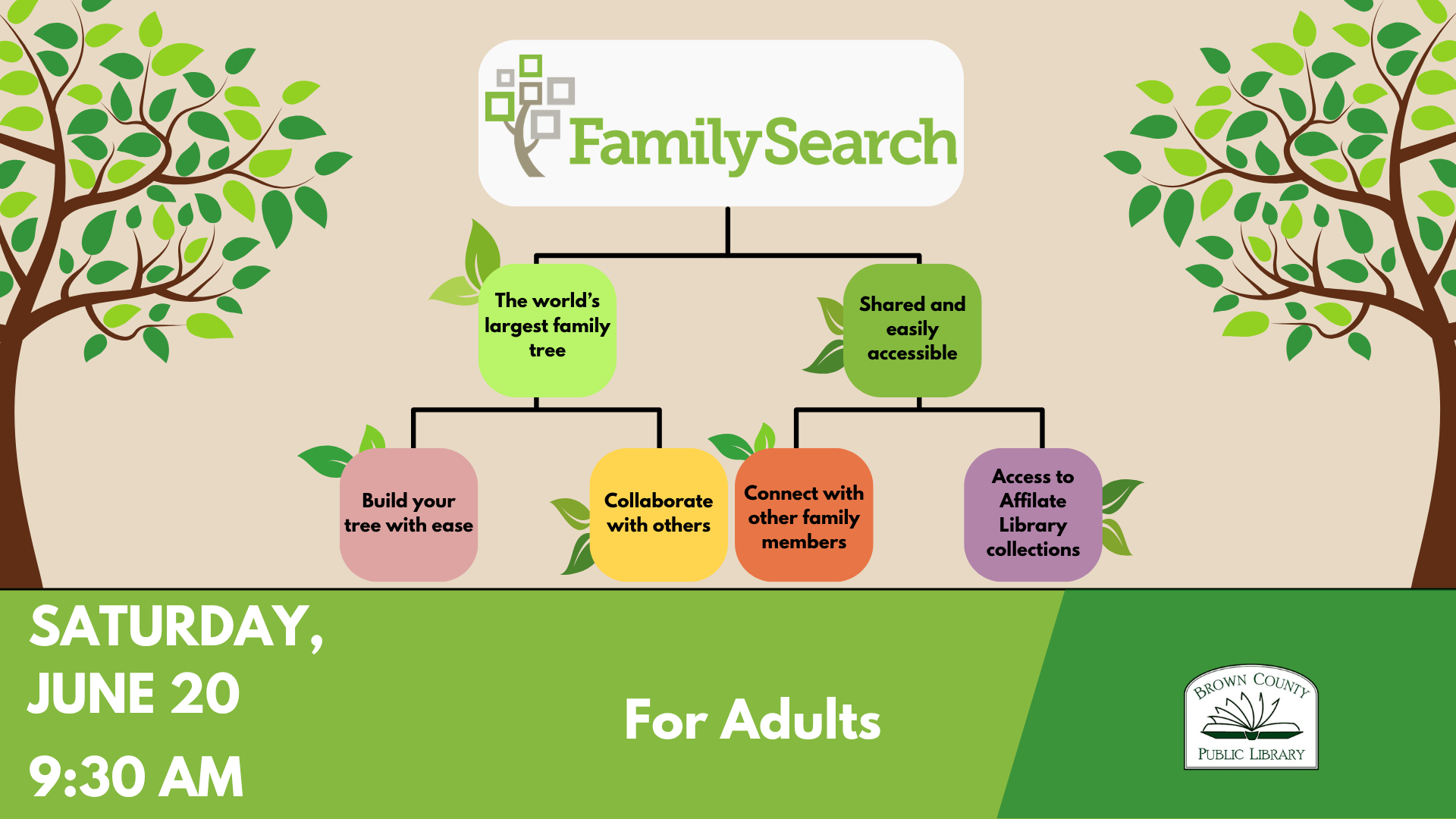 A flyer for a FamilySearch event on June 20 at 9:30 AM for adults, highlighting genealogy resources and collaboration.