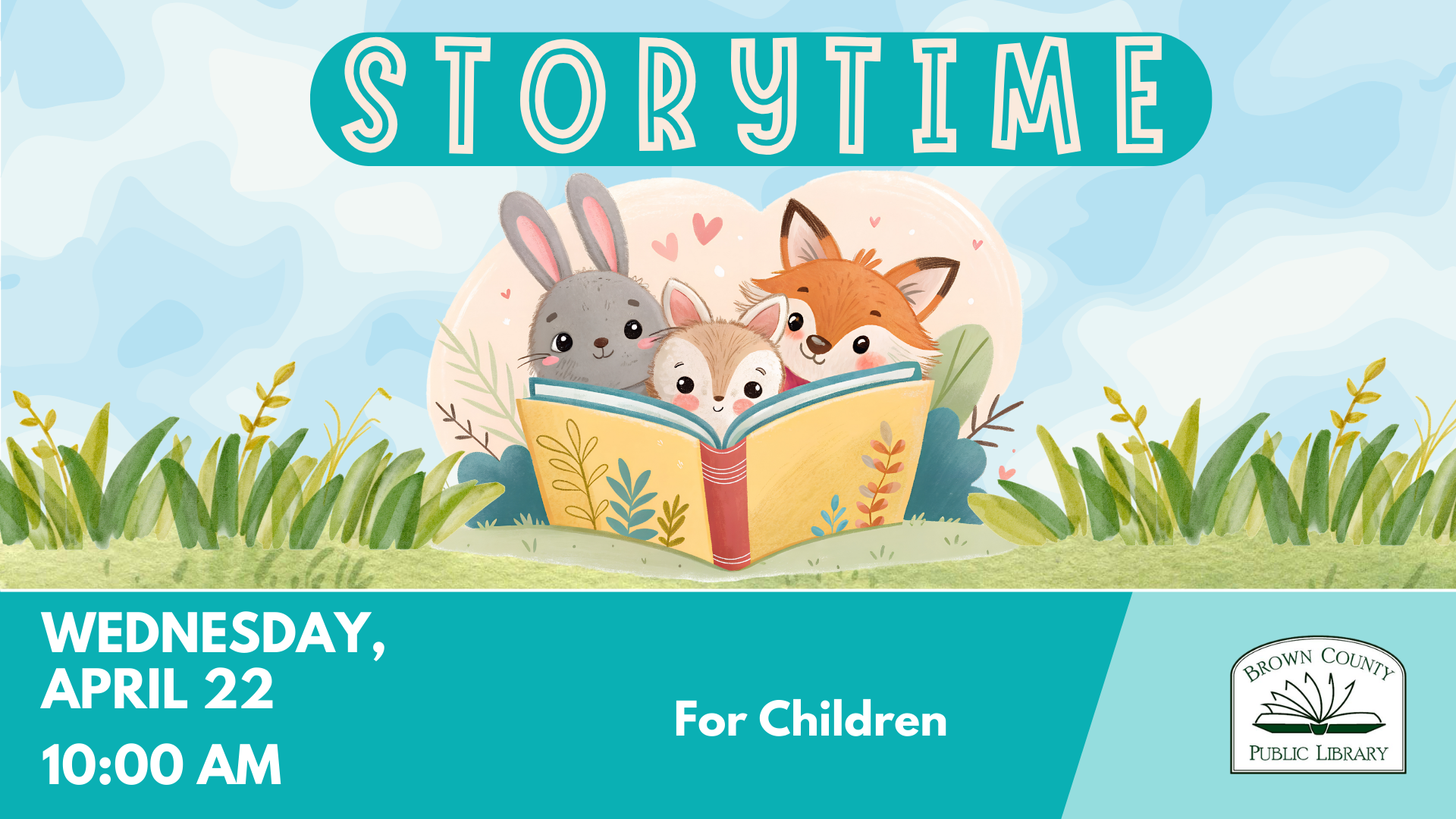 A children's storytime event at the Brown County Public Library on April 22 at 10:00 AM, featuring cute animal characters.