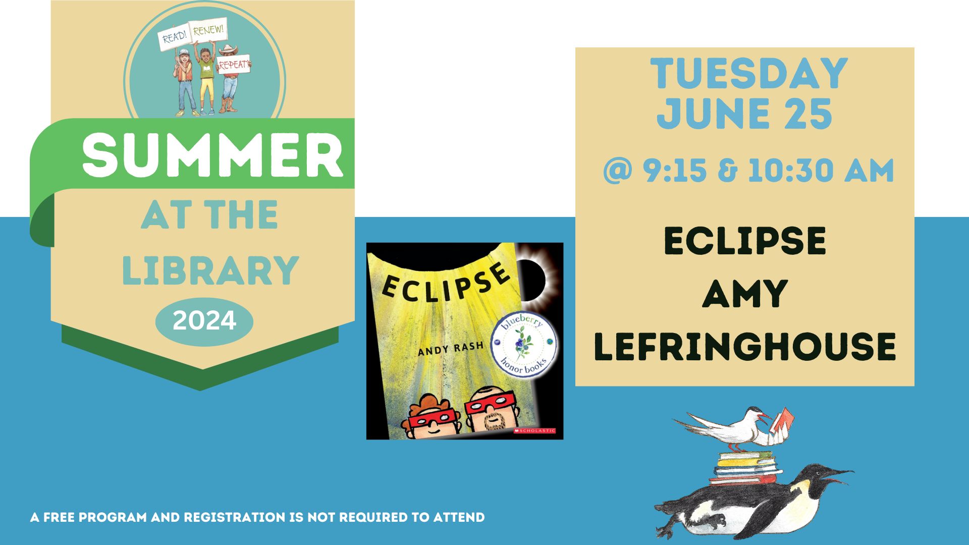 Graphic for a library summer program in 2024 featuring a book titled "Eclipse" with presentation details and images of birds reading books.