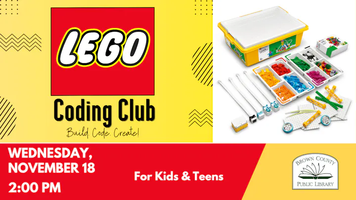 A promotional graphic for the LEGO Coding Club at Brown County Public Library, scheduled for November 18 at 2 PM for kids and teens.