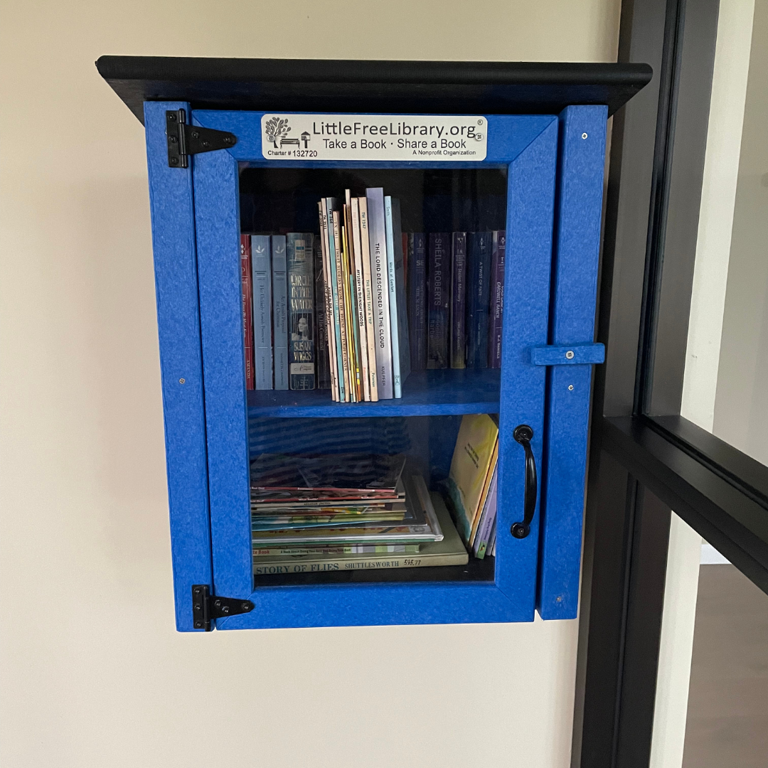 A blue Little Free Library box with books inside, offering "Take a Book, Share a Book".