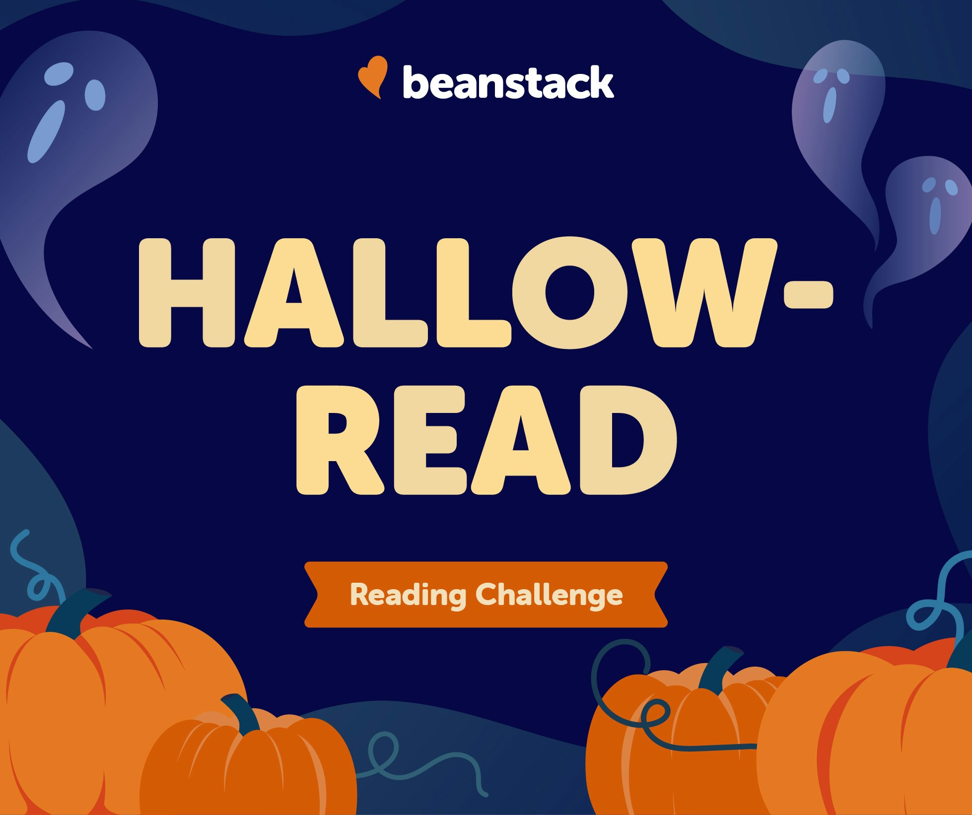 Ghosts, pumpkins, and "Hallow-Read Reading Challenge" text on a dark background.