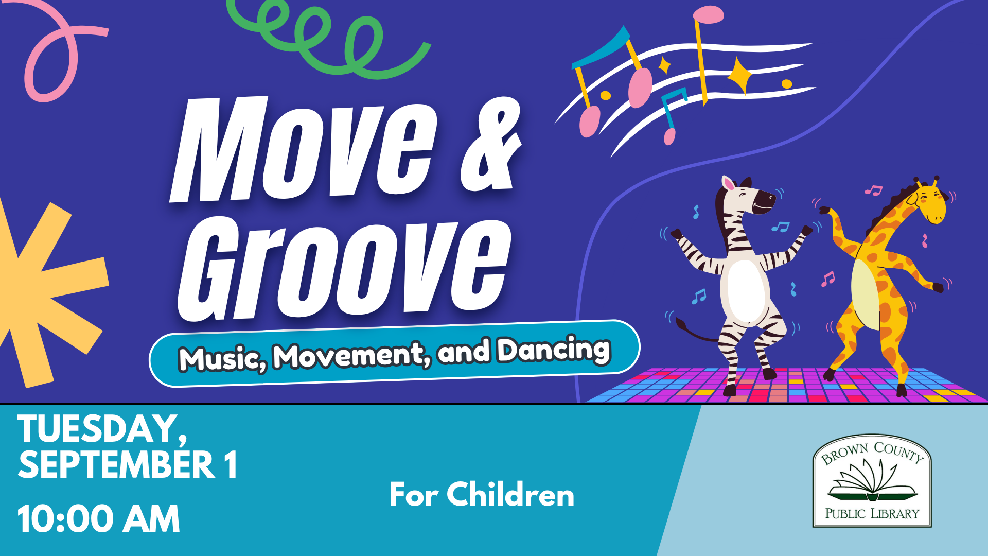 A children’s event called "Move & Groove" featuring music, movement, and dancing at Brown County Public Library on September 1 at 10:00 AM.