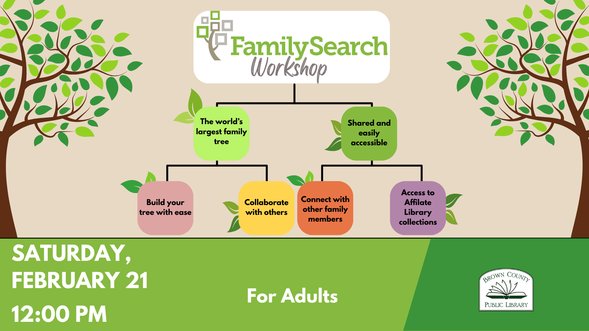 FamilySearch workshop on building family trees, collaboration, and accessing library collections. Saturday, Feb 21, 12 PM. For adults.