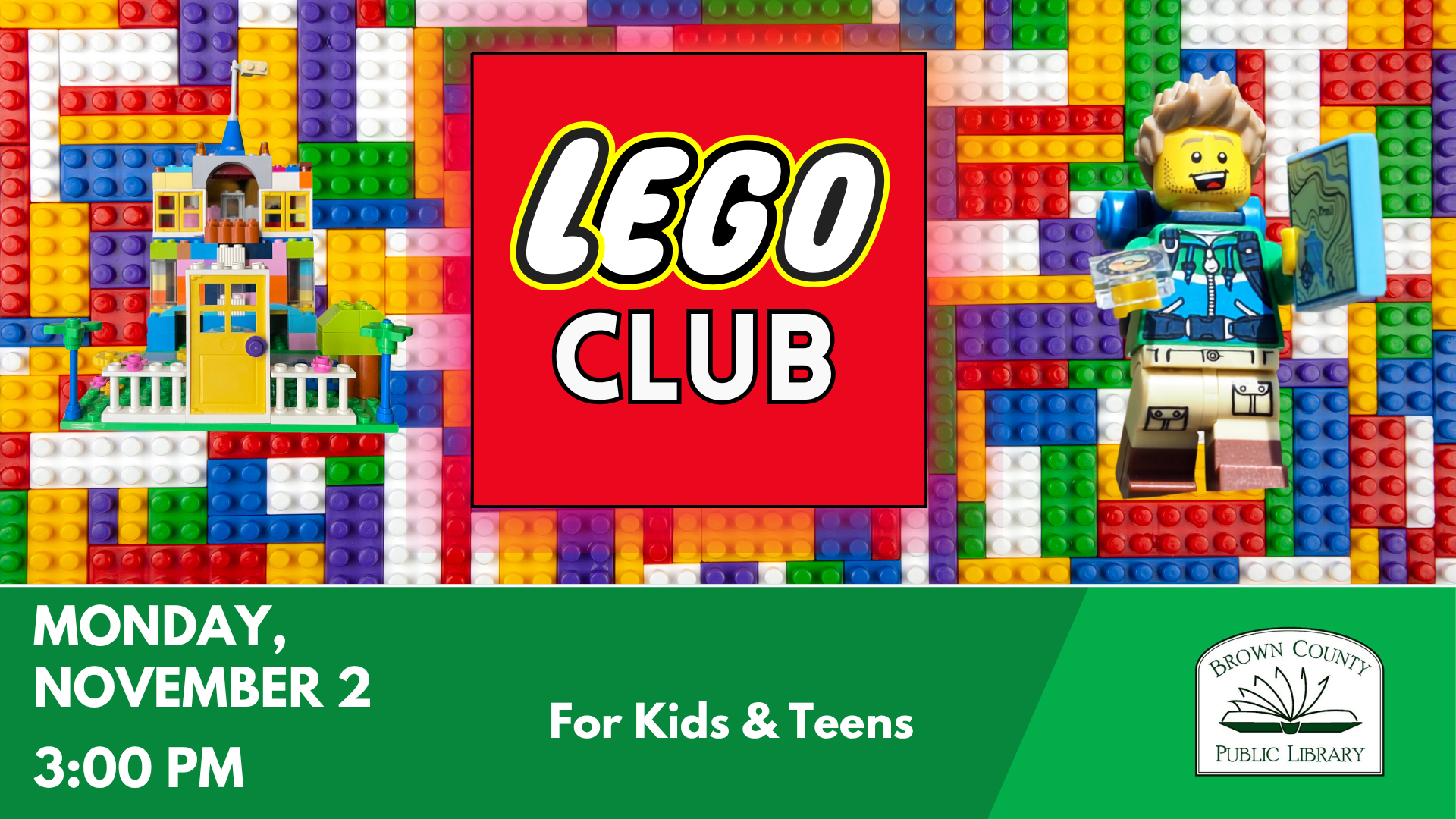 A LEGO Club event for kids and teens at Brown County Public Library on November 2 at 3:00 PM.
