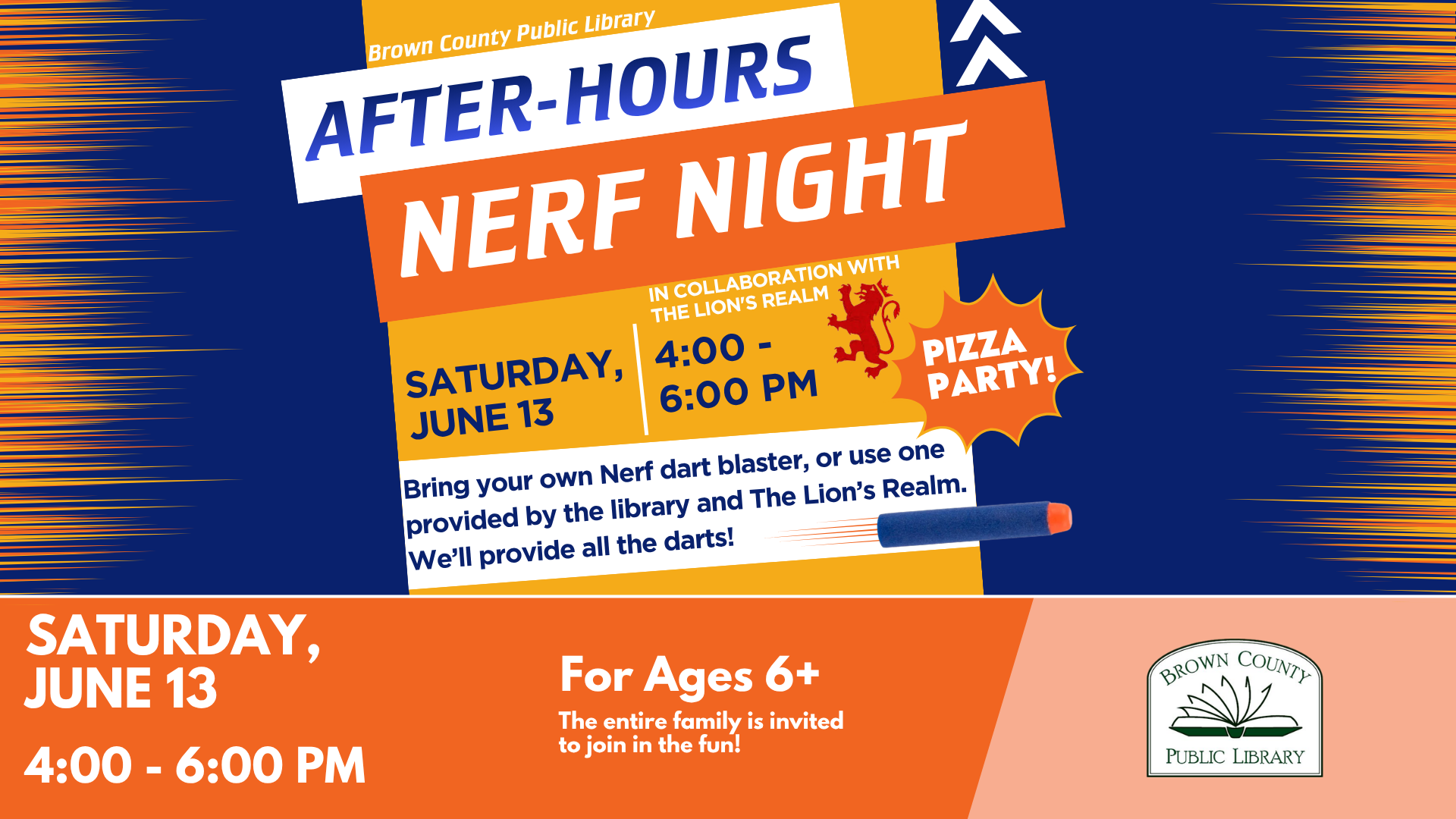 Nerf Night at Brown County Public Library on June 13, 4-6 PM. Bring your own blaster or use one provided. Pizza party included!