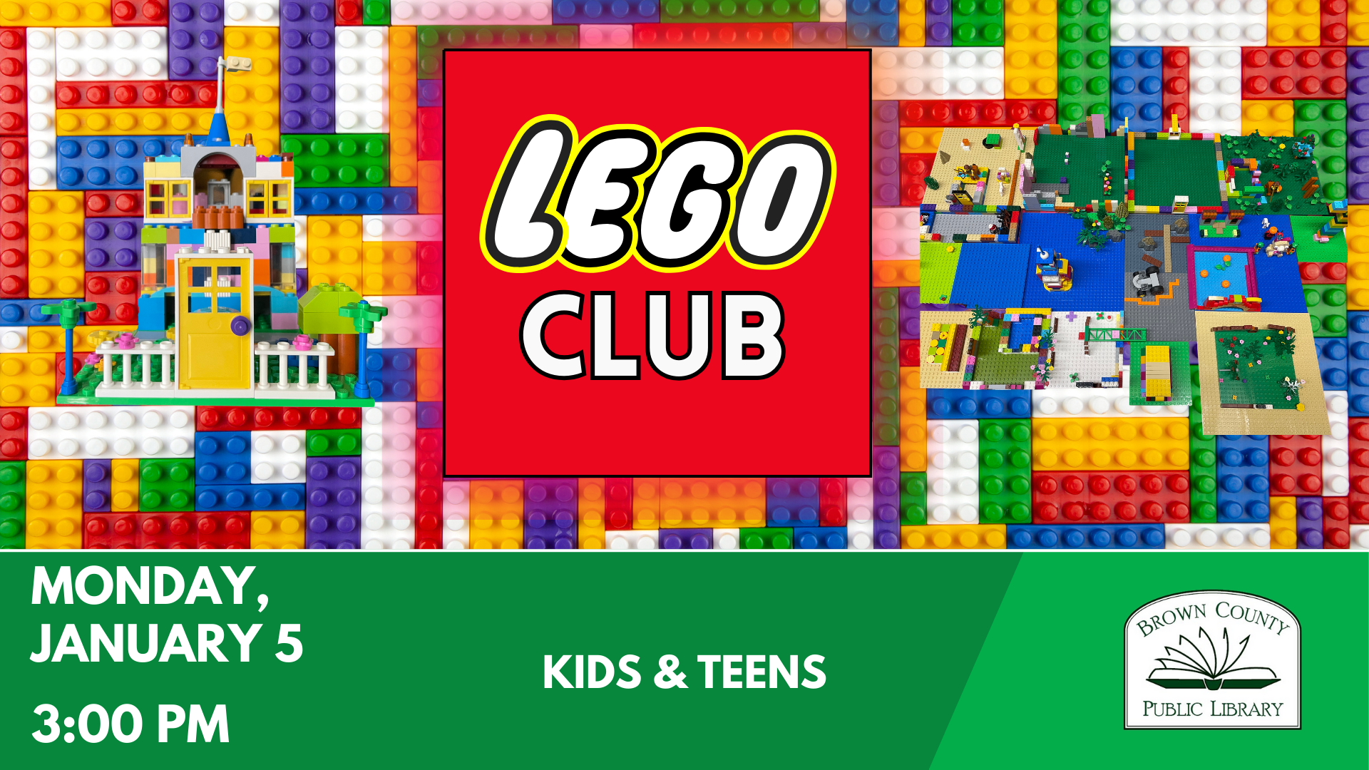 Image promotes a LEGO Club event for kids and teens at Brown County Public Library on January 5 at 3:00 PM.