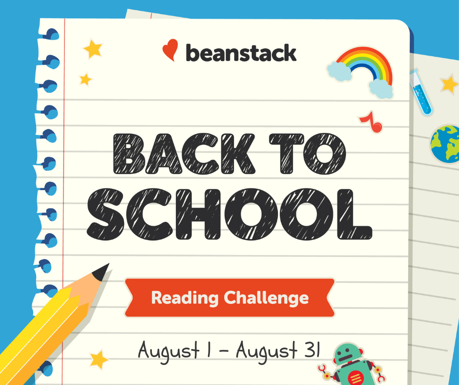 Back to School Reading Challenge, August 1-31, with colorful graphics like a rainbow and robot.
