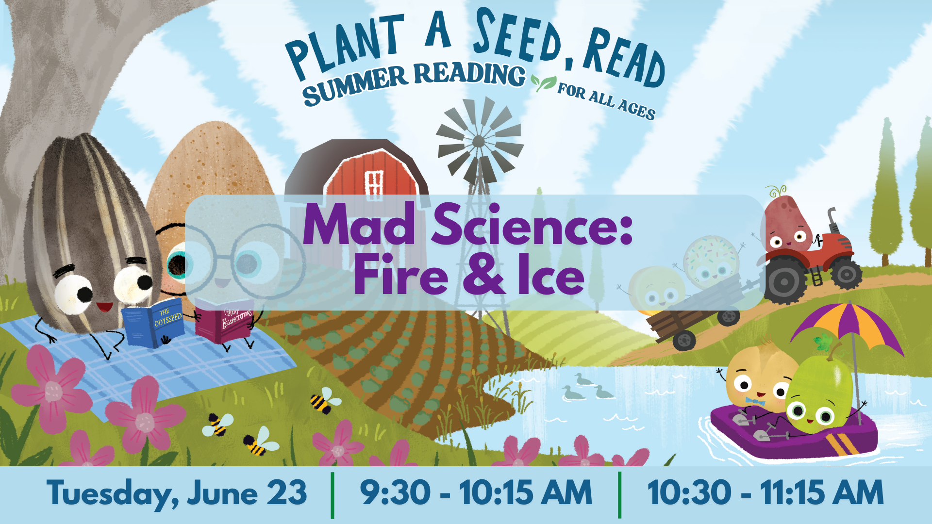 A summer reading event titled "Mad Science: Fire & Ice" on June 23, featuring fun activities for all ages.