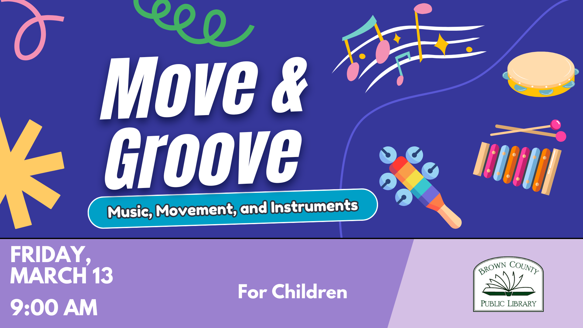 Announcement for a children's event called "Move & Groove" featuring music, movement, and instruments on March 13 at 9 AM.