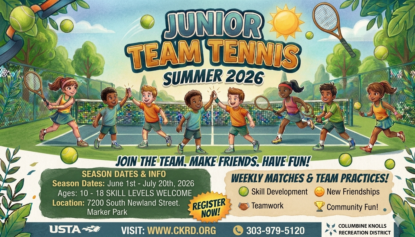 Junior Team Tennis, summer 2026, for ages 10-18. Weekly matches, skill development, and fun at Marker Park. Register now!