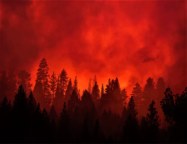 A dramatic scene of a forest fire with red skies and smoke, featuring a helicopter battling the flames amidst towering trees.