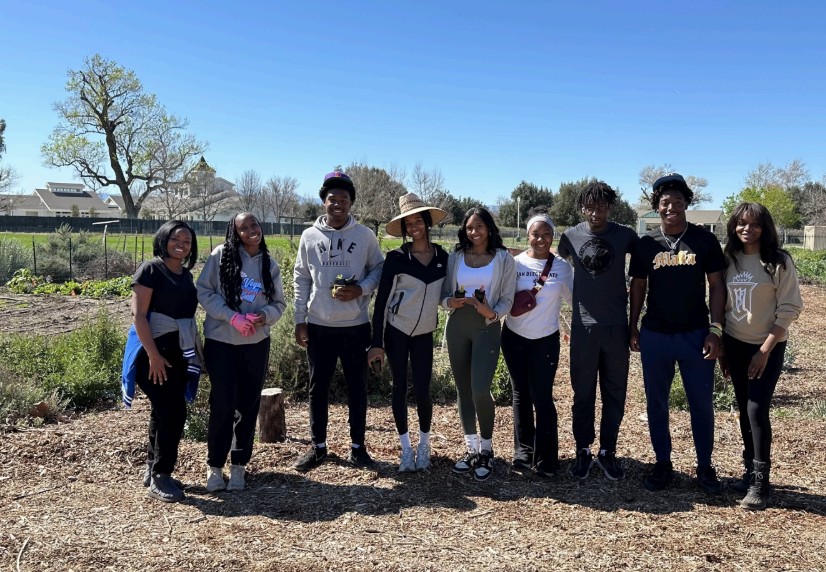 A group of nine people smiles for a photo in a garden, dressed casually and enjoying a sunny day outdoors.