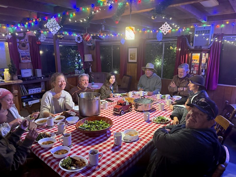 A cozy indoor gathering with people enjoying a meal around a checkered tablecloth, decorated with lights for a festive atmosphere.