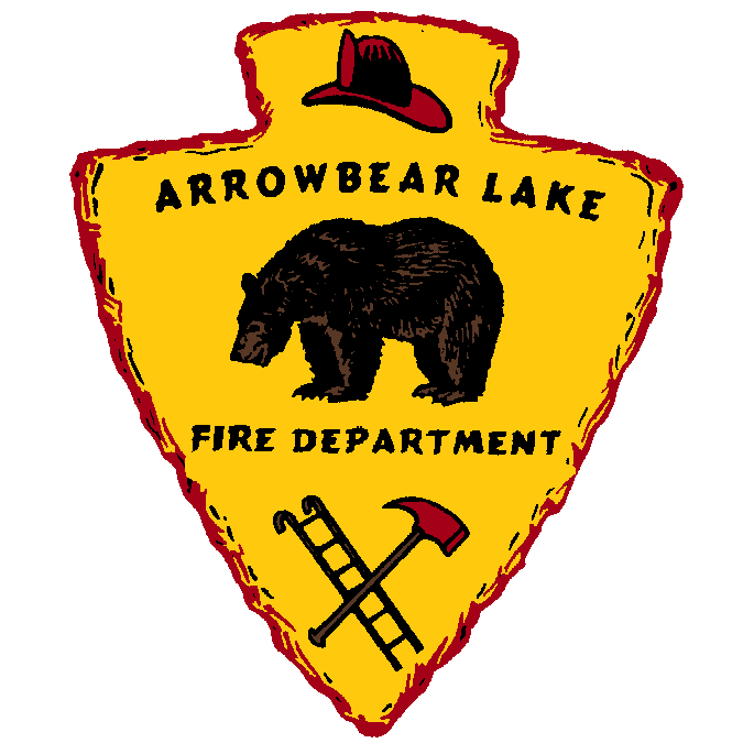 A badge for Arrowbear Lake Fire Department featuring a bear, fire tools, and a firefighter hat, all on a yellow background.
