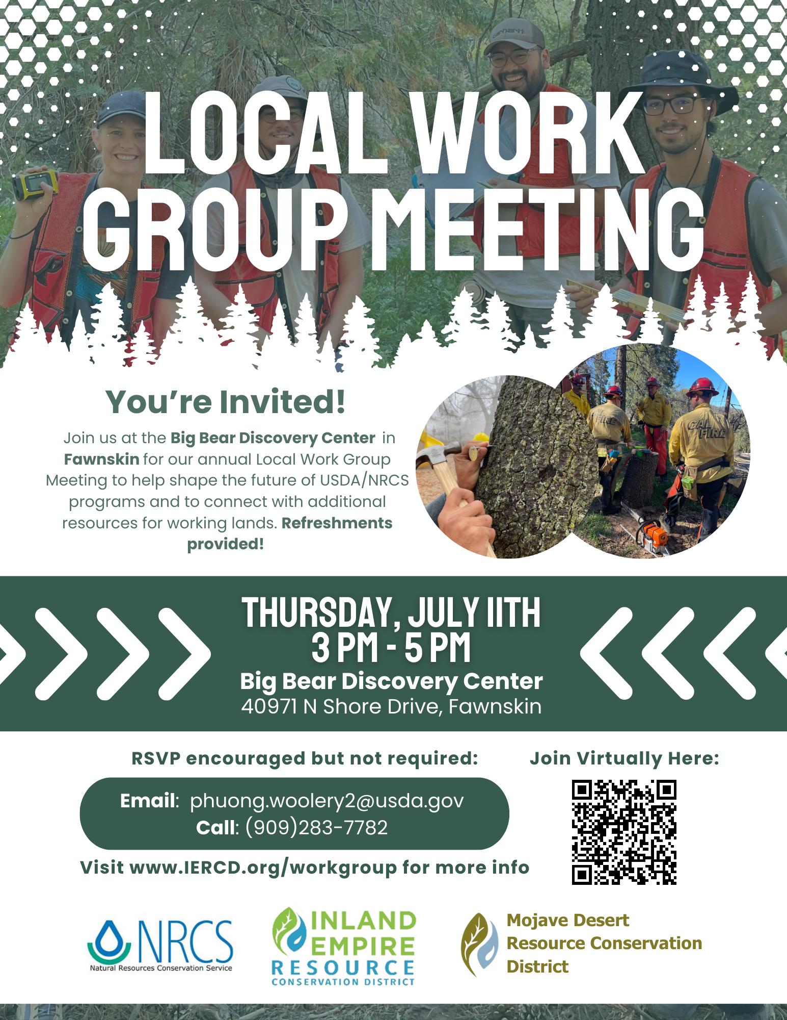 An invitation to a Local Work Group Meeting at Big Bear Discovery Center, with event details, RSVP info, and a QR code for virtual joining.