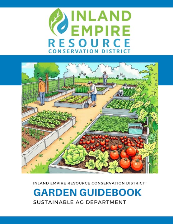 The image features a garden guidebook cover with illustrations of people gardening in raised beds, promoting sustainable agriculture.