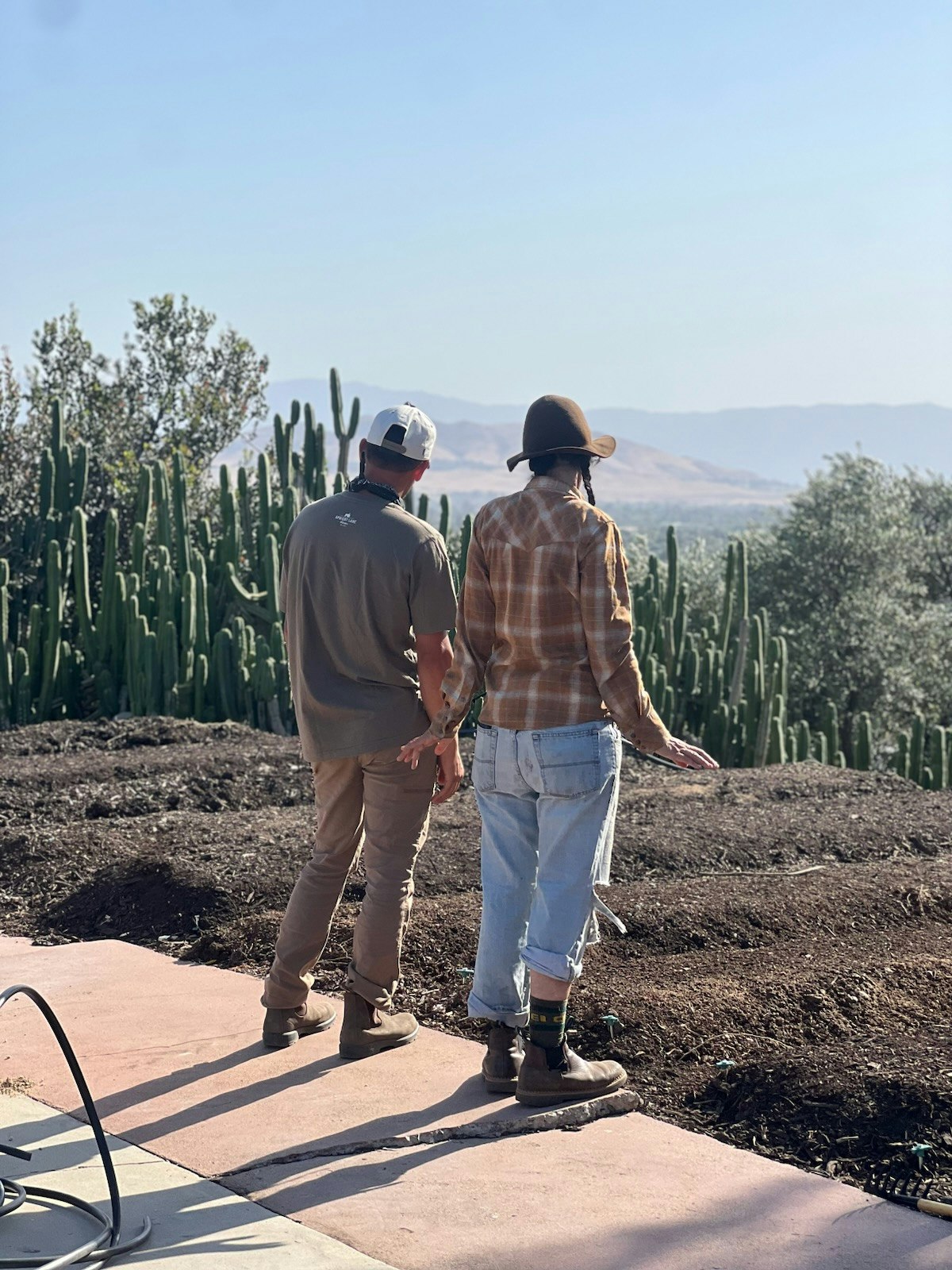 Two people stand outdoors, facing a landscape filled with cacti and hills, discussing or observing the scenery.